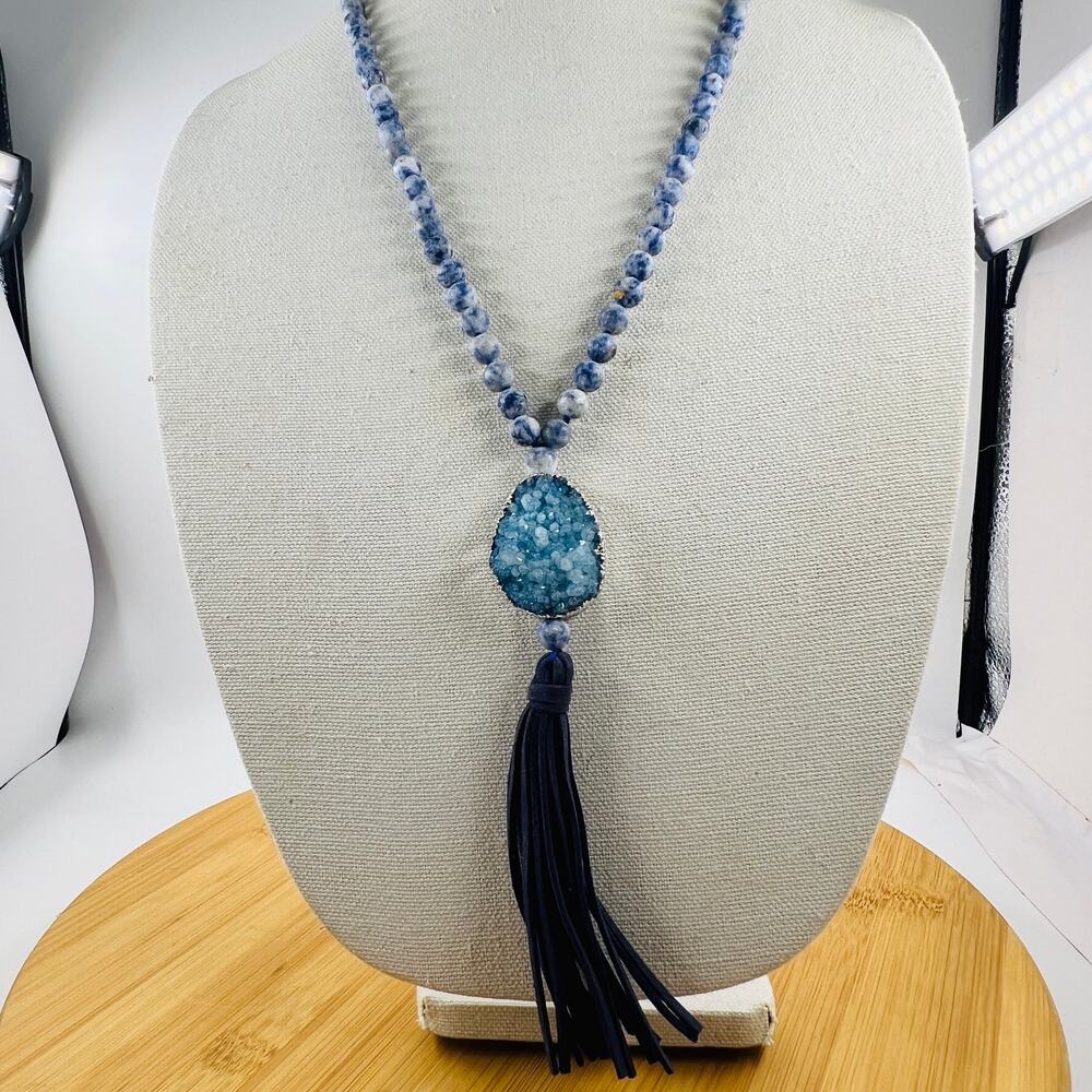 Blue Sodalite Druzy Quartz Tassel Necklace Long Boho Statement Gemstone